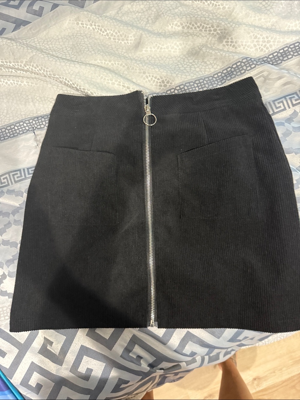 SHEIN Black Corduroy Zip-Front Mini Skirt